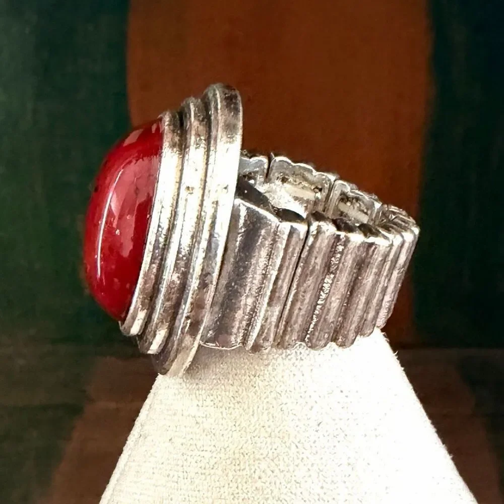 Silver Tone Red Cabochon Stretch Statement Ring